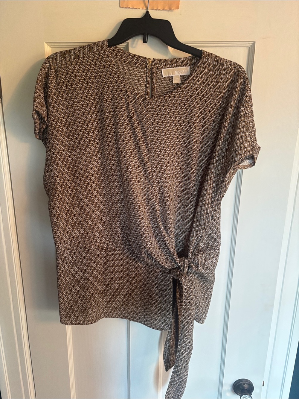 Michael Kors Brown Geometric Tie-Detail Short Sleeve Blouse